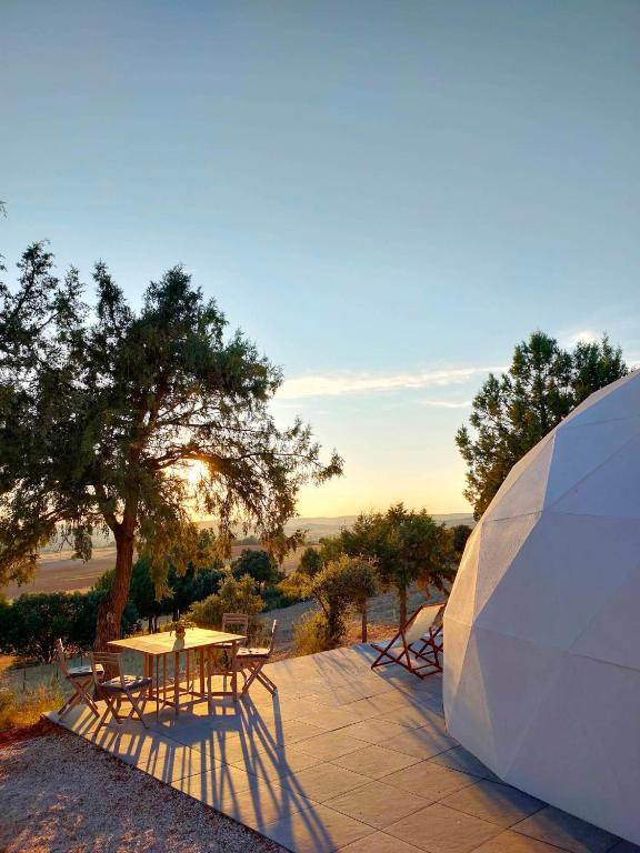 Domos geodésicos de glamping con terraza al aire libre, mesa y sillas de madera, rodeados de árboles y naturaleza, con vistas abiertas al campo durante el atardecer