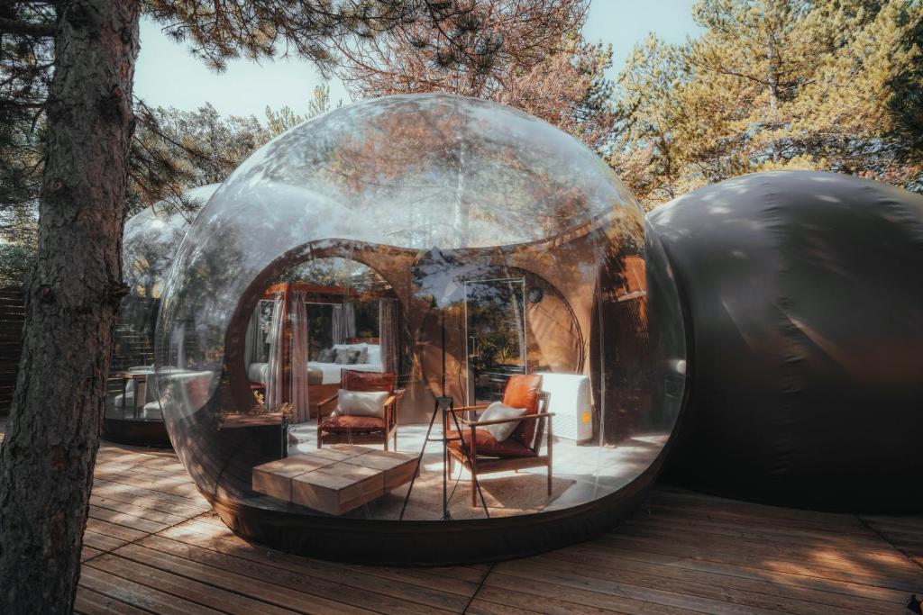 Burbuja transparente de glamping situada en un bosque, con un interior elegante que incluye zona de estar con sillones, mesa de centro, cama doble y telescopio, todo sobre una plataforma de madera rodeada de árboles