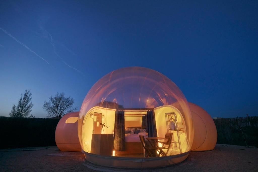 Burbuja transparente iluminada desde el interior al anochecer, con cama doble, mobiliario de madera y vistas despejadas al cielo estrellado