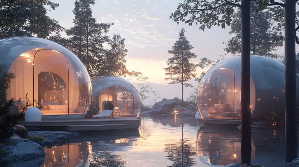 Alojamiento tipo hotel burbuja de lujo en medio del bosque, al borde de un lago sereno al atardecer, con iluminación cálida y diseño futurista.