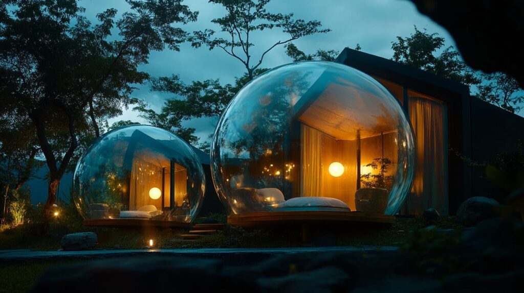 Burbujas de glamping iluminadas al anochecer en medio del bosque, con camas interiores visibles y ambiente acogedor