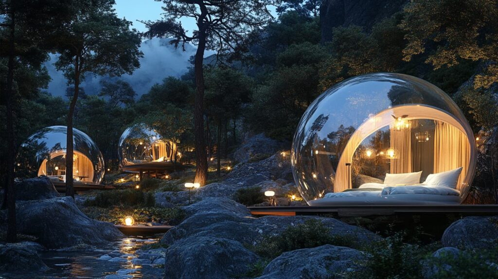 Conjunto de burbujas translúcidas iluminadas en un bosque con rocas y un arroyo al anochecer