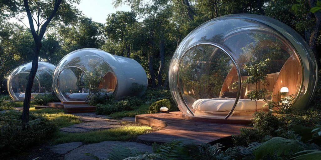 Tres habitaciones tipo burbuja transparentes en un entorno forestal al atardecer, con camas iluminadas en su interior sobre plataformas de madera