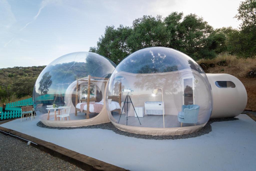 Hotel burbuja transparente con cama, sillón y telescopio, ideal para disfrutar de la naturaleza y observar el cielo