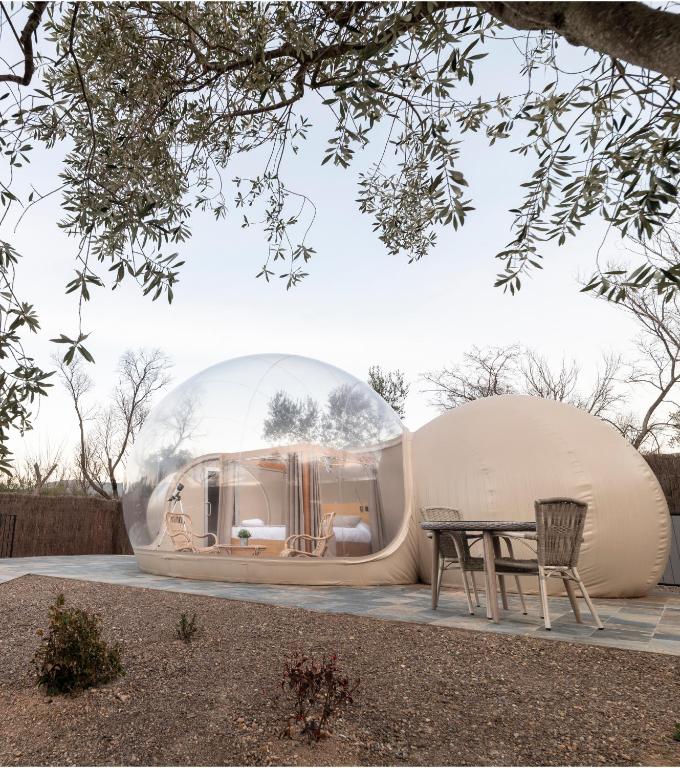 Hotel burbuja transparente en medio de la naturaleza con mobiliario exterior y vista despejada del cielo