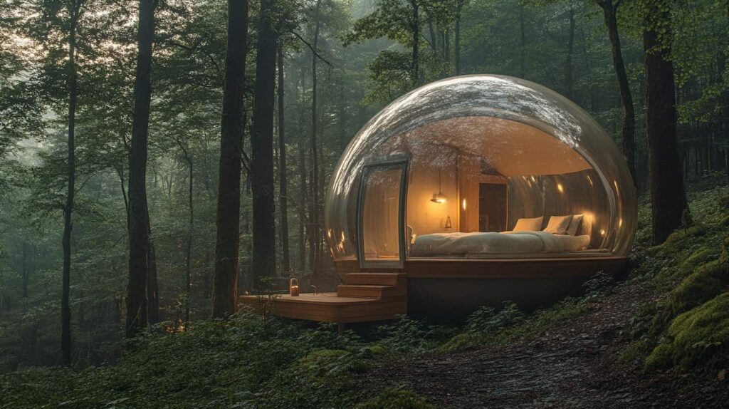 Habitación de hotel burbuja iluminada en un bosque al anochecer