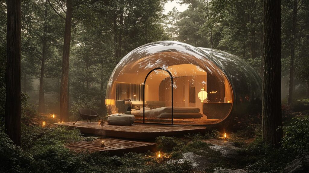 Hotel burbuja de lujo con interior iluminado y terraza de madera, rodeado de árboles en un bosque al anochecer