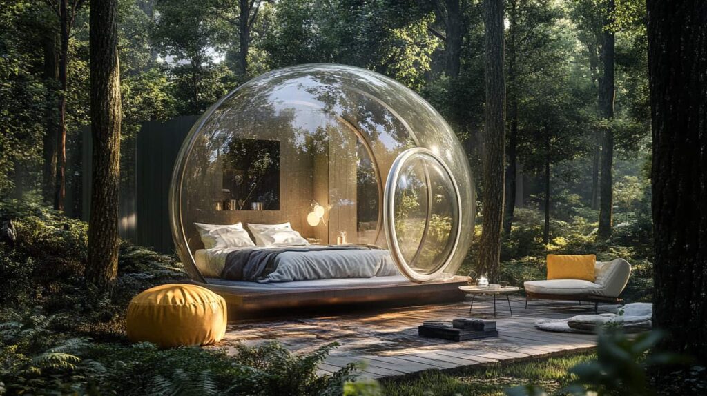 Hotel burbuja de lujo en medio del bosque, con cama doble y terraza de madera